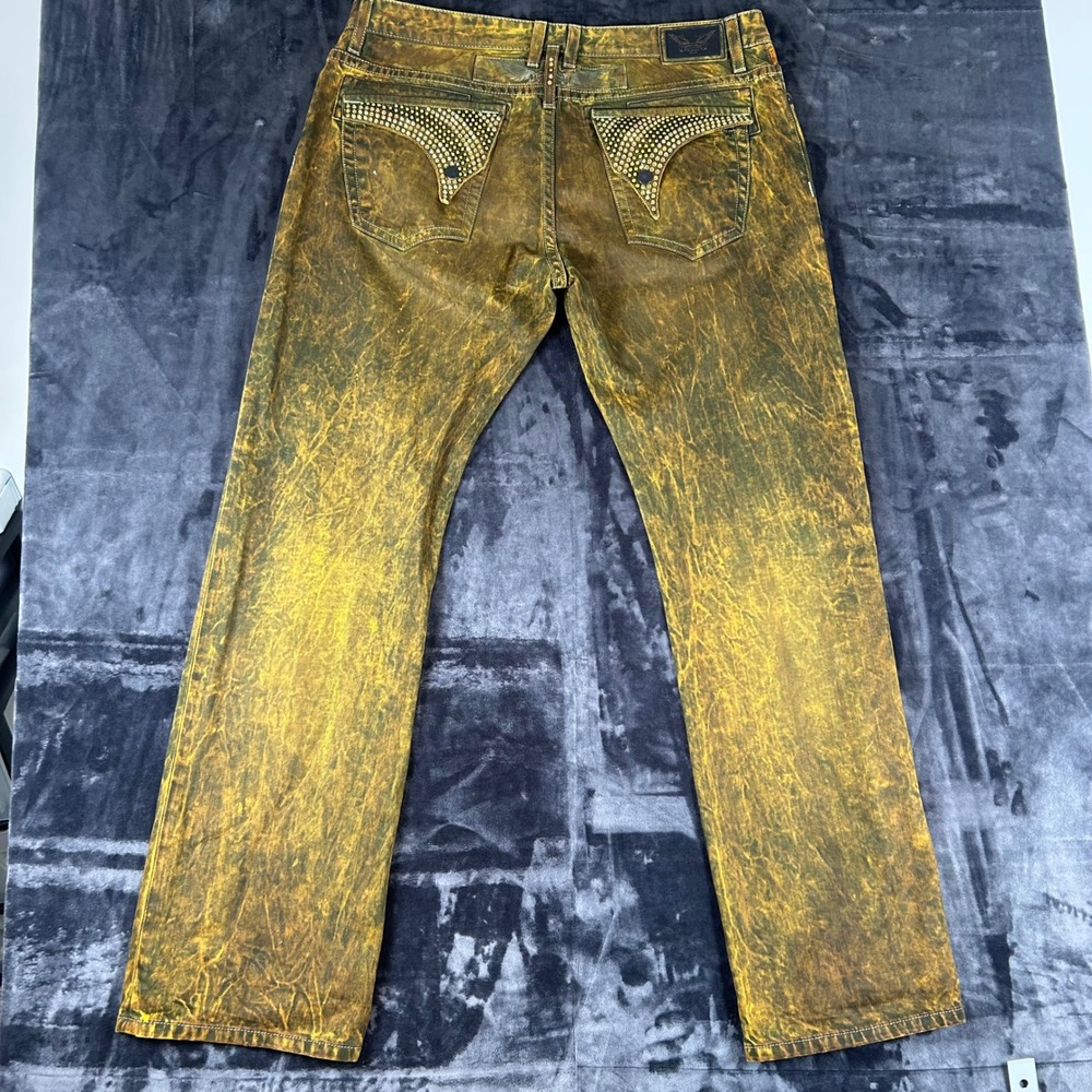 Robin's Jean Denim Jeans Mens 40 Yellow Acid Wash Studded Wing Distressed - Picture 7 of 14